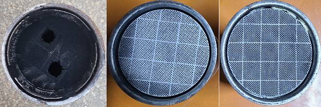 크린어스가 차량에 장착한 DPF필터의 종류. 왼쪽부터 재생필터(구멍뚫은 필터), N필터(정상필터보다 매연저감효율이 낮고 가격이 50% 이상 싼 중국산 필터) , 정상필터. 주영민 기자