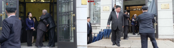 김정은 북한 국무위원장이 5월 9일 오전 평양 주재 러시아 대사관을 방문해 알렉산드르 마체고라 대사와 포옹하는 모습(왼쪽 사진). 오른쪽은 김 위원장의 딸 주애의 볼에 가볍게 입맞춤하는 마체고라 대사. 서울신문DB