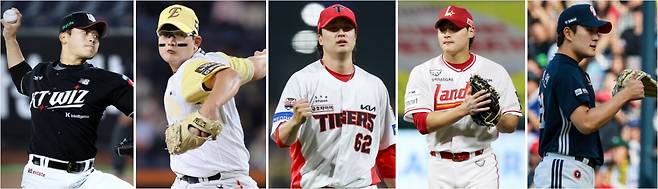 KBO리그 달구는 20대 젊은 마무리들. 왼쪽부터 KT 박영현, 한화 김서현, KIA 졍해영, SSG 조병현, 두산 김택연. 각 구단 제공
