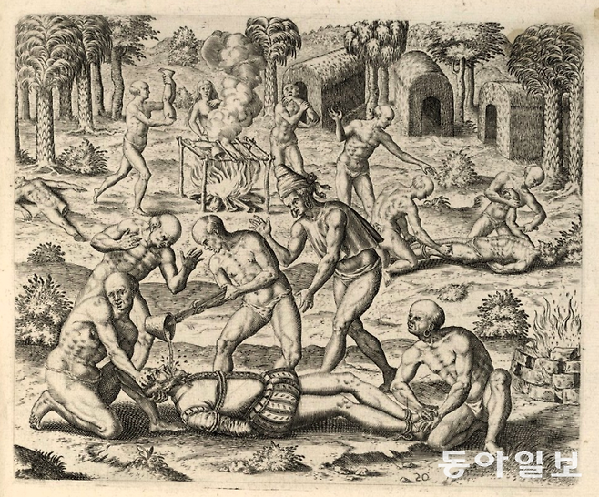 16세기 유럽에서 남미에서 벌어진 일을 듣고 상상으로 그린 삽화. 에콰도르 부족들이 스페인 식민 지배자들의 입에 끓는 금을 부어넣고 있다.