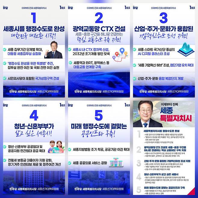 이재명 후보가 5월 19일 발표한 세종시 5대 핵심 공약. 사진=민주당 제공.