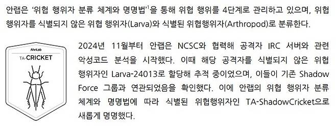‘TA-ShadowCricket’ 공격 그룹 명명. <출처=안랩-NCSC 합동 보고서>