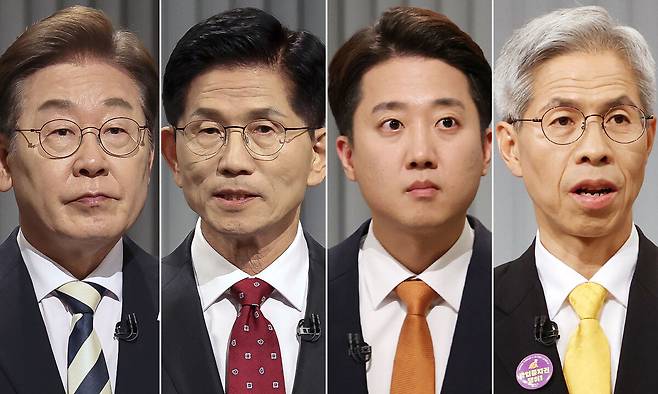 왼쪽부터 이재명 더불어민주당 대선후보, 김문수 국민의힘 대선후보, 이준석 개혁신당 대선후보, 권영국 민주노동당 대선후보. 국회사진기자단