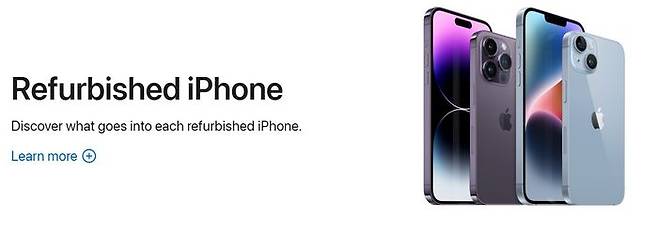애플 공식 인증 리퍼비시 아이폰(Refurbished iPhone). 한 번 판매됐거나 반품된 제품을 애플이 직접 점검·수리·새 부품 교체·외관 및 배터리 교환 후 새 제품에 준하는 품질로 재포장해 공식 판매하는 제품.애플 홈페이지 캡처
