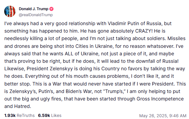 도널드 트럼프 미국 대통령 트루스소셜 캡처.