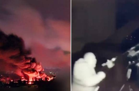 현지시간으로 지난 24~25일, 우크라이나 수도 키이우가 러시아의 최대 규모 공습을 받아 불타고 있다(왼쪽), 손전등과 소총으로 러시아의 드론을 격추하는 키이우 경찰(오른쪽). 키이우 경찰 텔레그램 제공