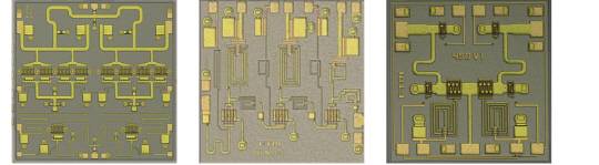 ETRI가 개발한 질화갈륨 전력증폭기(왼쪽부터), 질화갈륨 저잡음증폭기, 질화갈륨 스위치.
