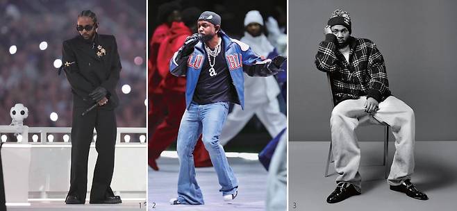 1 고인이 된 디자이너 버질 아블로의 마지막 루이비통 남성복 컬렉션 슈트를 입고 2022년 슈퍼볼 하프타임 공연을 했다. /사진 NFL 인스타그램 2 2025년 슈퍼볼 하프타임 공연에서 셀린느의 플레어 진을 입었다. /사진 NFL 인스타그램 3 샤넬과 협업한 켄드릭 라마. /사진 말릭 보디안 인스타그램