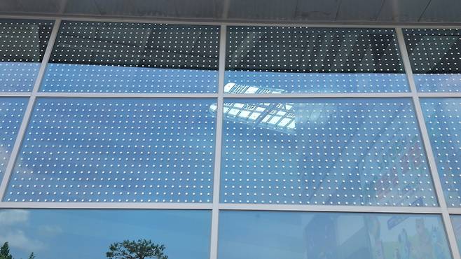 국립광주과학관 정문 필로티 공간 조류충돌 방지 필름 부착 모습.