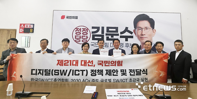 박순모 국민의힘 중앙위원회 정보과학위원장, 조병휘 정보시스템감리협회장, 김덕재 한국IT여성기업인협회장, 조풍연 한국SW·ICT총연합회장, 김상훈 국민의힘 정책위의장, 백양순 한국ICT융합협회장, 송병선 한국데이터산업협회장, 이무성 한국제로트러스트보안협회장, 어윤호 한국상용SW협회장(왼쪽 두 번째부터)이 국민의힘 정책위원회에 ACx 주도 글로벌 SW·ICT 초강국 실현을 위한 정책을 제안했다.