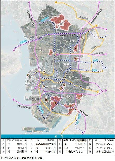 인천시가 옥외영업을 허용키로 한 지구단위계획구역 시범 16개 구역 위치도. 인천시 제공.