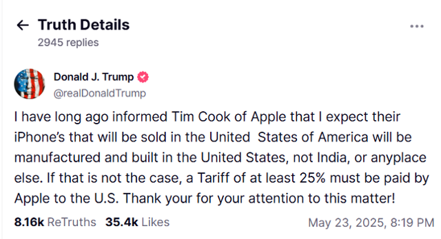 도널드 트럼프 미국 대통령이 23일(현지시간) 자신의 사회관계망서비스(SNS) 트루스소셜에 "애플이 생산기지를 미국으로 옮기지 않으면 최소 25% 관세를 부과받게 될 것"이라고 썼다. 트루스소셜 캡처