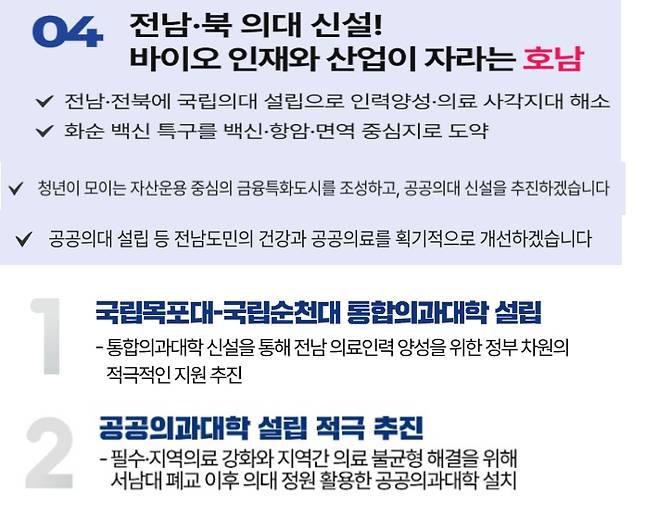 이재명 대선 후보의 공약. 위에서부터 광역 공약, 행정구역(전북·전남) 공약, 목포·순천 공약, 남원 공약. 더불어민주당 제공