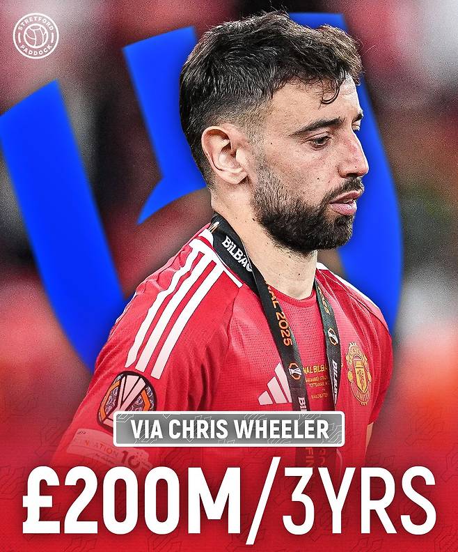 사우디아라비아 알힐랄로부터 계약 기간 3년에 연봉 2억 파운드(약 3719억원) 규모의 이적 제안을 받은 것으로 알려진 맨체스터 유나이티드 주장 브루노 페르난데스. /사진=스트렛포드 SNS 캡처