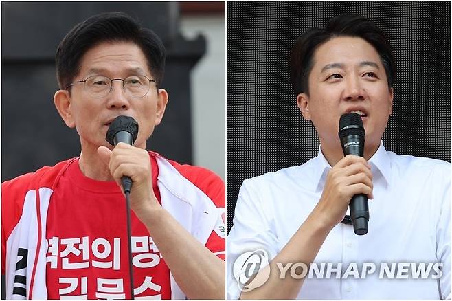 김문수, 이준석 후보 (서산·서울=연합뉴스) 지난 25일 서산에서 집중유세하는 김문수 후보(왼쪽), 종묘 인근 서순라길에서 거리유세하는 이준석 후보