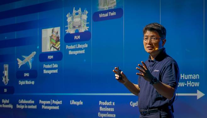 정운성 다쏘시스템코리아 대표가 29일 서울 강남구 삼성동 코엑스에서 열린 '3D익스피리언스 컨퍼런스 코리아'에서 환영사를 하고 있다. / 다쏘시스템코리아 제공