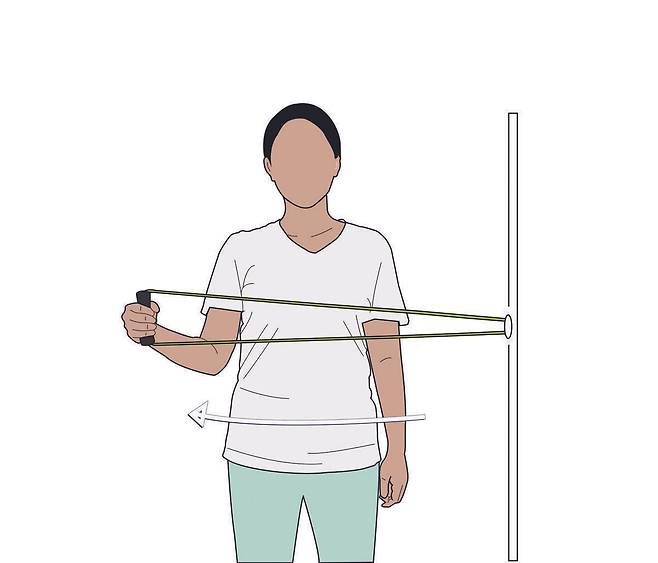 ➋ 밴드 밖으로 회전하기. 손목이 꺾이지 않도록 주의하며 마찬가지로 운동 범위 끝에서 5초간 유지한 뒤 탄성에 저항하면서 천천히 힘을 풀어준다. 10∼15회 반복.