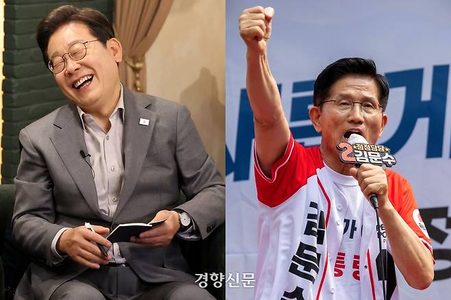 6·3 대선 사전투표를 하루 앞둔 28일 이재명 더불어민주당 대선 후보(왼쪽)는 ‘K-이니셔TV’ 유튜브 방송에 출연했고, 김문수 국민의힘 후보는 경남 양산 유세에서 지지를 호소했다. 박민규 선임기자·한수빈 기자