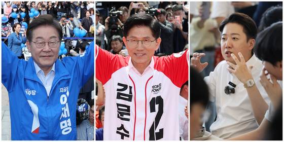 지난 20일 더불어민주당 이재명(왼쪽) 대선 후보가 경기 고양 일산문화광장에서 열린 집중유세에서, 국민의힘 김문수 대선 후보(가운데)가 서울 서초구 고속터미널역 인근 집중유세에서, 개혁신당 이준석 대선 후보가 광주 북구 전남대학교에서 진행된 '학식먹자 이준석' 행사에서 지지를 호소하고 있다. 연합뉴스