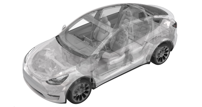 반투명 렌더링 기법을 통해 테슬라 모델 3의 외부 차체와 내부 좌석, 배터리 팩 및 전기 파워트레인이 한눈에 보이도록 표현한 사선 투시도