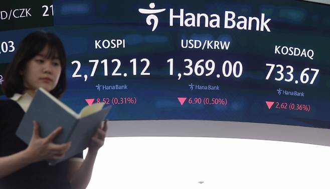 30일 원·달러 환율이 1370원대를 내준 채 거래된다. 사진은 이날 서울 중구 하나은행 딜링룸 전광판./사진=뉴시스
