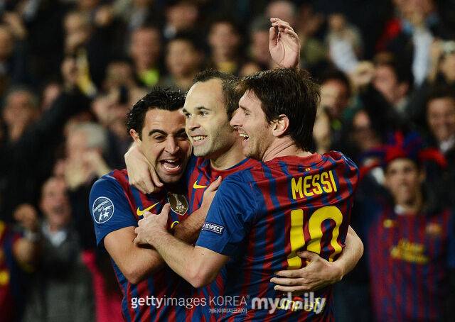 바르셀로나의 전성기를 이끈 사비, 이니에스타, 메시. /게티이미지코리아