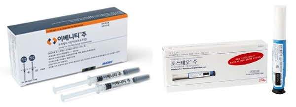 학계에서는 골절 고위험군을 대상으로 골형성 치료제를 1차 치료부터 사용할 것을 권고한다. 사진은 왼쪽부터 '이베니티(로모소주맙)', '포스테오(테리파라타이드)'/사진=암젠코리아, 한국릴리