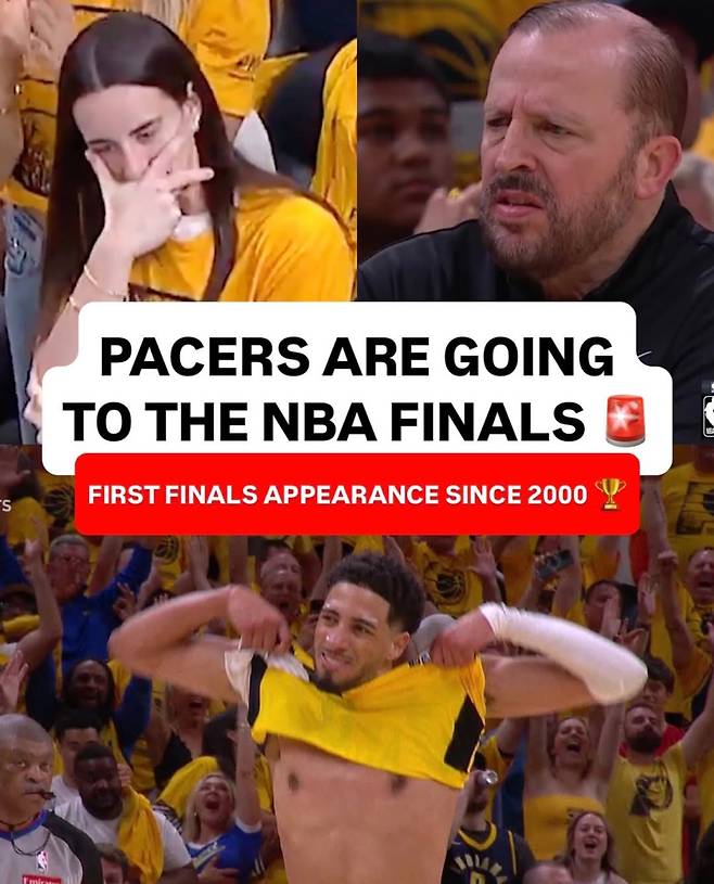 인디애나 할리버튼(아래)이 1일 게인브릿지 필드하우스에서 열린 뉴욕과의 동부콘퍼런스 결승 6차전 중 쐐기 3점슛을 터뜨리고 환호하고 있다. 사진=TNT SNS