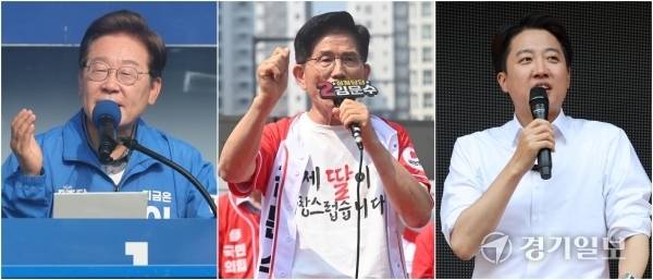왼쪽부터 1일 울산광역시 일산해수욕장 앞에서에서 유세하는 더불어민주당 이재명 대선 후보, 같은날 수원특례시 수원컨벤션센터에서 유세하는 국민의힘 김문수 대선 후보, 지난달 31일 인천 월미도에서 유세하는 개혁신당 이준석 대선 후보. 조병석·조주현기자 연합뉴스