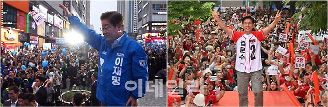 (왼쪽)이재명 더불어민주당 대선 후보가 제21대 대통령선거 재외국민투표가 시작된 지난달 20일 경기 김포시 구래역 문화의 거리에서 지지를 호소하고 있다. (오른쪽)김문수 국민의힘 대선 후보가 지난 1일 서울시 마포구 경의선광장에서 열린 집중유세에서 유권자들의 한 표를 호소하고 있다. (사진=이데일리 노진환·방인권 기자)