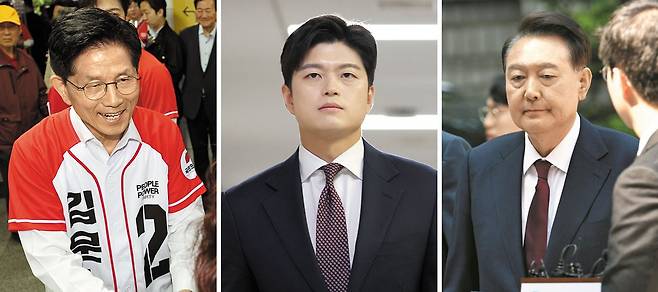 김용태 국민의힘 비상대책위원장이 1일 "탄핵 반대 당론을 무효화하겠다"며 윤석열 전 대통령과 완전한 절연을 선언했다. 왼쪽 사진은 대선 유세 중인 김문수 후보, 가운데는 국회 기자 간담회를 여는 김용태 위원장, 오른쪽은 내란 사건 재판에 출석하는 윤 전 대통령 모습. /연합뉴스·사진공동취재단