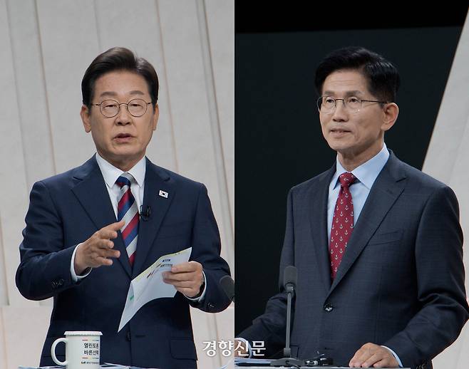 이재명 더불어민주당 대선 후보와 김문수 국민의힘 대선 후보가 27일 서울 상암동 MBC 스튜디오에서 정치·외교 분야를 주제로 TV토론을 하고 있다. 국회사진기자단