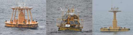 2023년 5월 20일 해군이 서해에서 잇따라 발견한 중국 측 해양 부표. 동경 123도 선을 따라 가장 최근에 세워진 부표 3개의 모습이다. 사진 해군