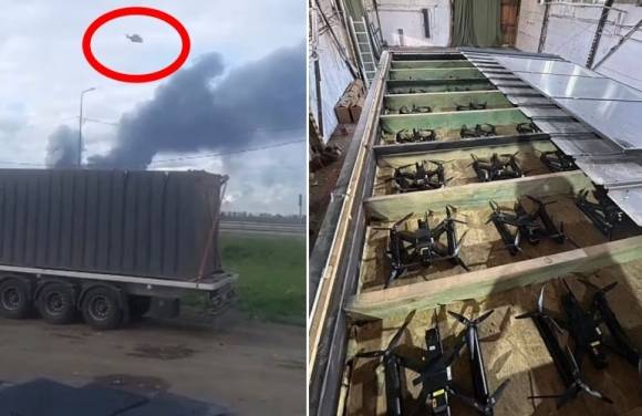 왼쪽은 지난 1일 러시아 본토의 공군기지를 공습하려 트럭 지붕 위를 날아가는 우크라이나 자폭 드론의 모습, 오른쪽은 목조 모듈 주택으로 위장한 우크라이나 자폭 드론의 모습. 우크라이나 보안국, 친러시아 군사 블로그 캡처