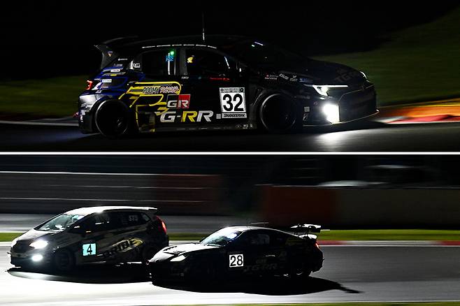 어둠 속을 달리는 TGRR의 두 레이스카. 사진: 김학수 기자