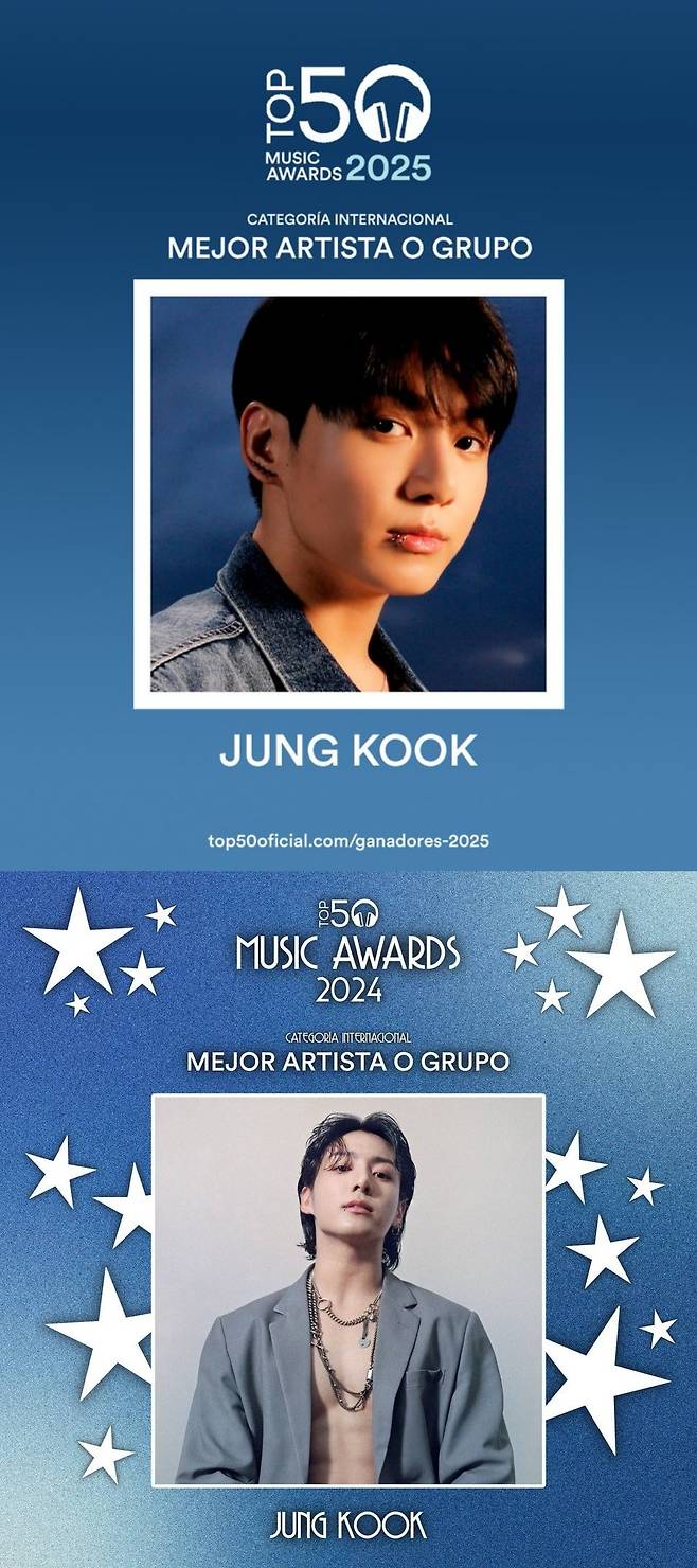 '11일 전역' 방탄소년단 정국, 스페인 '톱50 뮤직 어워드' 2년 연속 '베스트 아티스트' 수상