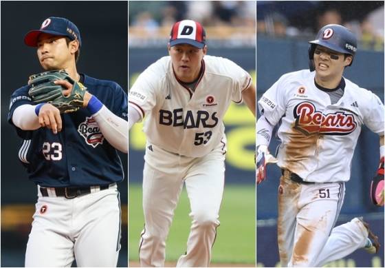 강승호(왼쪽부터), 양석환, 조수행. /사진=두산 베어스