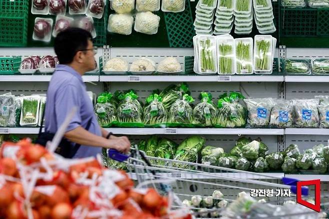 서울 서초구 하나로마트 양재점을 찾은 고객이 채소 판매대를 보고 있다. 강진형 기자