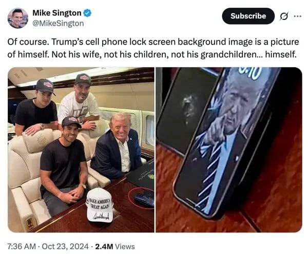 지난해 전용기 안에서 카메라에 포착된 트럼프의 휴대전화 잠금화면. 지금과 똑같은 본인 얼굴 사진이다. /X