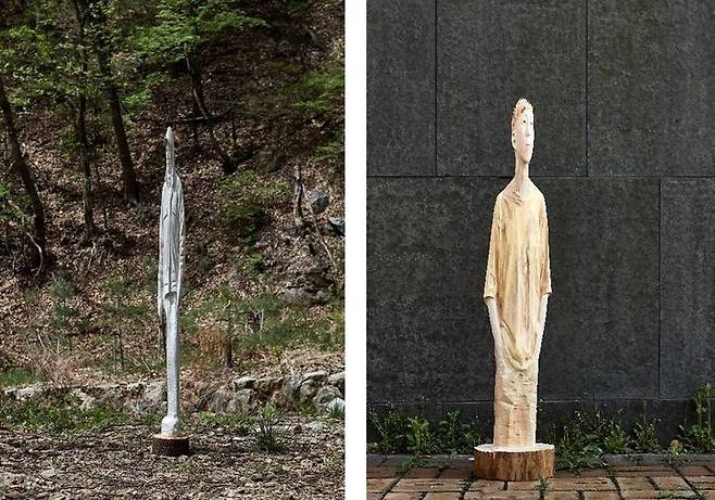 (좌) 이환권, Babu, h211.5xw24.6xd22.3cm, wood, 2025 (우) 이환권, 병관(Byeong-gwan) h127.2xw27.1xd24.6cm, wood, 2025 *재판매 및 DB 금지