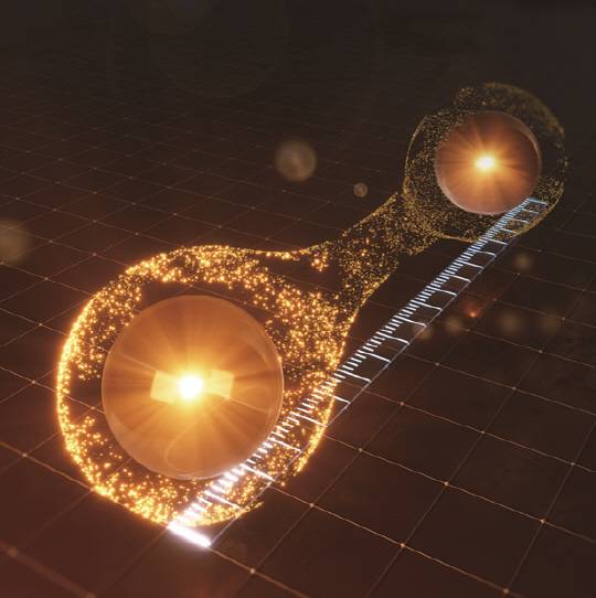 국내 연구진은 전자의 양자거리 측정에 성공했다. 사진에서 두 개의 노란공은 전자를 나타내며, 흰색 눈금은 거리를 측정하는 '자'를 표현한다. 연세대 제공