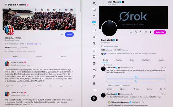 5일 올라온 트럼프 대통령(왼쪽)과 머스크의 소셜미디어(SNS) 계정에 각기 올라온 설전 게시물들. 로이터=연합뉴스