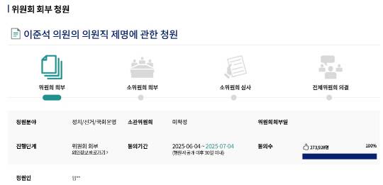 '이준석 의원의 의원직 제명에 관한 청원' 현황. 국회전자청원