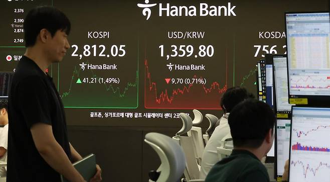 5일 오후 서울 중구 하나은행 딜링룸에 코스피, 코스닥 종가와 환율 시황이 표시되고 있다. 2025.6.5 뉴스1