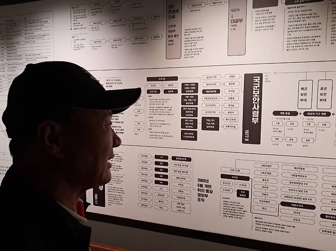 납북 귀환 어부 김승호(가명)씨가 지난달 28일 오전 민주화운동기념관 3층 ‘국가폭력의 가해자-대공부서’라는 제목이 붙은 전시관에서 정보기관 조직도를 살펴보고 있다. 고경태 기자