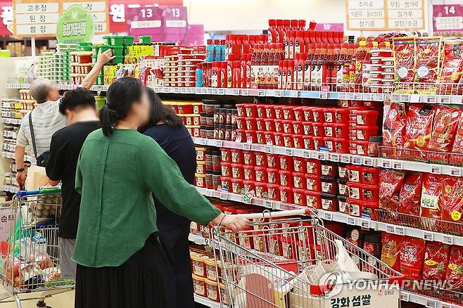 장바구니 물가 부담 (서울=연합뉴스) 진연수 기자 = 경기 침체 속에 물가가 뜀박질하고 있다. 소비자가 피부로 느끼는 장바구니 물가는 더욱 치솟고 있다. 올해 먹거리 물가를 끌어올린 것은 봇물 터지듯 한 식품기업들의 가격 인상이다. 한국소비자원이 집계한 주요 가공식품 가격은 최근 1년 새 적잖게 오른 것으로 나타났다. 지난 4월 소비자가 많이 구매하는 식품 34개 품목 중 24개의 가격이 1년 전보다 평균 7.1% 올랐다.
사진은 1일 서울의 한 대형마트에서 장을 보는 시민들. 2025.6.1 jin90@yna.co.kr