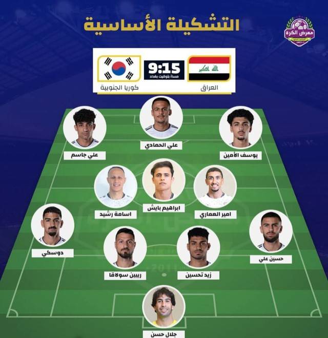 경기 킥 오프 약 세 시간 전에 이라크 매체 에서 공개된 이라크의 선발 라인업 ⓒ마흐라드 알 쿠라 소셜 미디어