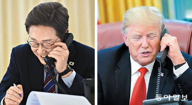이재명 대통령이 6일 서울 용산구 한남동 관저에서 도널드 트럼프 미국 대통령과 통화하고 있다(왼쪽 사진). 오른쪽은 백악관에서 통화하는 트럼프 대통령. 이 대통령과 트럼프 대통령은 한미동맹의 발전을 위해 긴밀히 협력하기로 했다고 대통령실은 밝혔다. 대통령실 제공, 동아일보DB