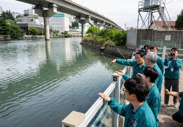 이준승 부산시 행정부시장을 비롯한 시와 부산 동구 관계자들이 9일 동구 자성대 배수펌프장에서 침수우려지역 현장점검을 하고 있다. 이원준 기자