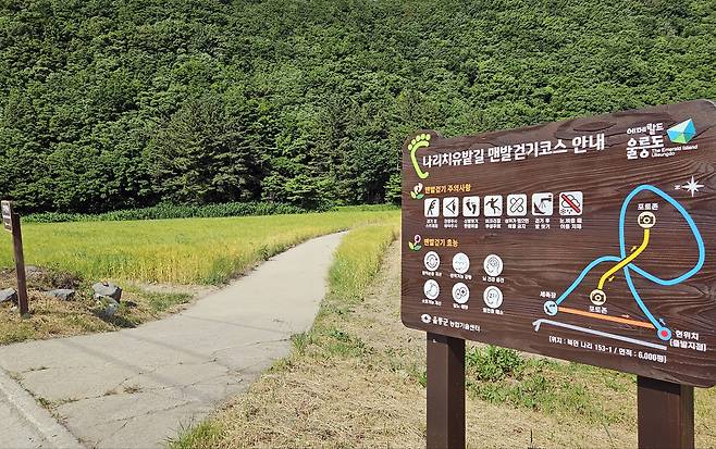 나리분지 치유밭길 맨발걷기코스 안내판. /울릉군